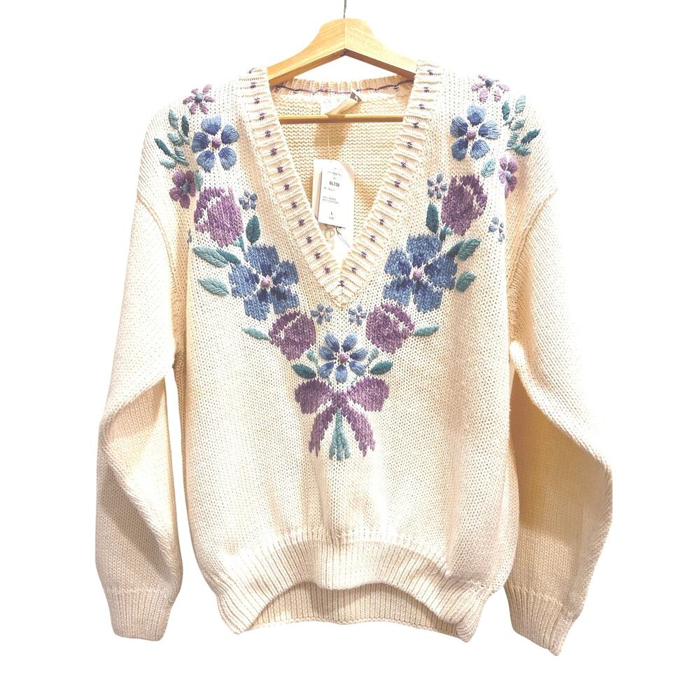 Jantzen Floral Embroidered Sweater L Ramie Cotton Cottagecore V Neck Grandmacore